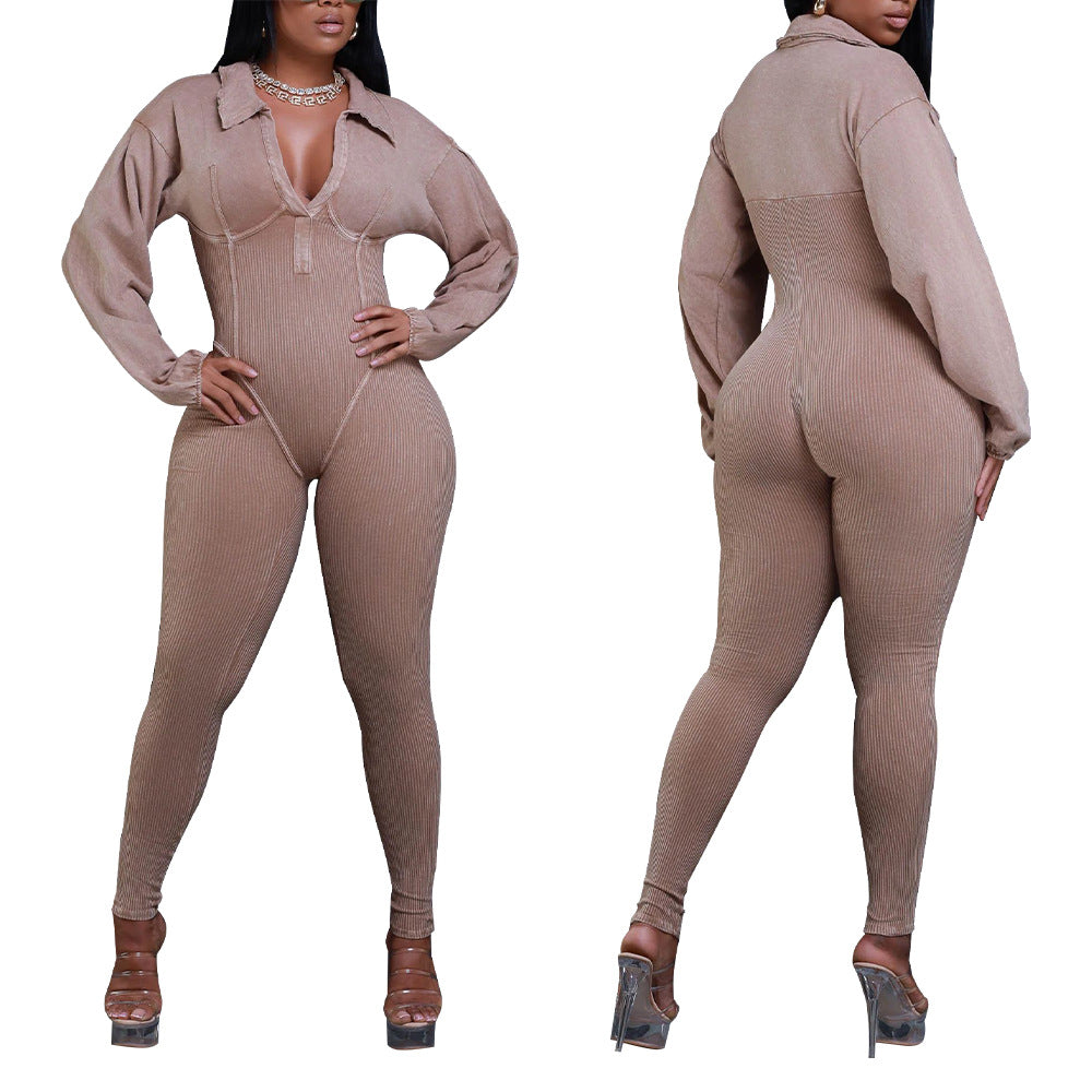 Autumn And Winter Women's V-Neck Long Sleeves Tight Fitting Patchwork Jumpsuit 3