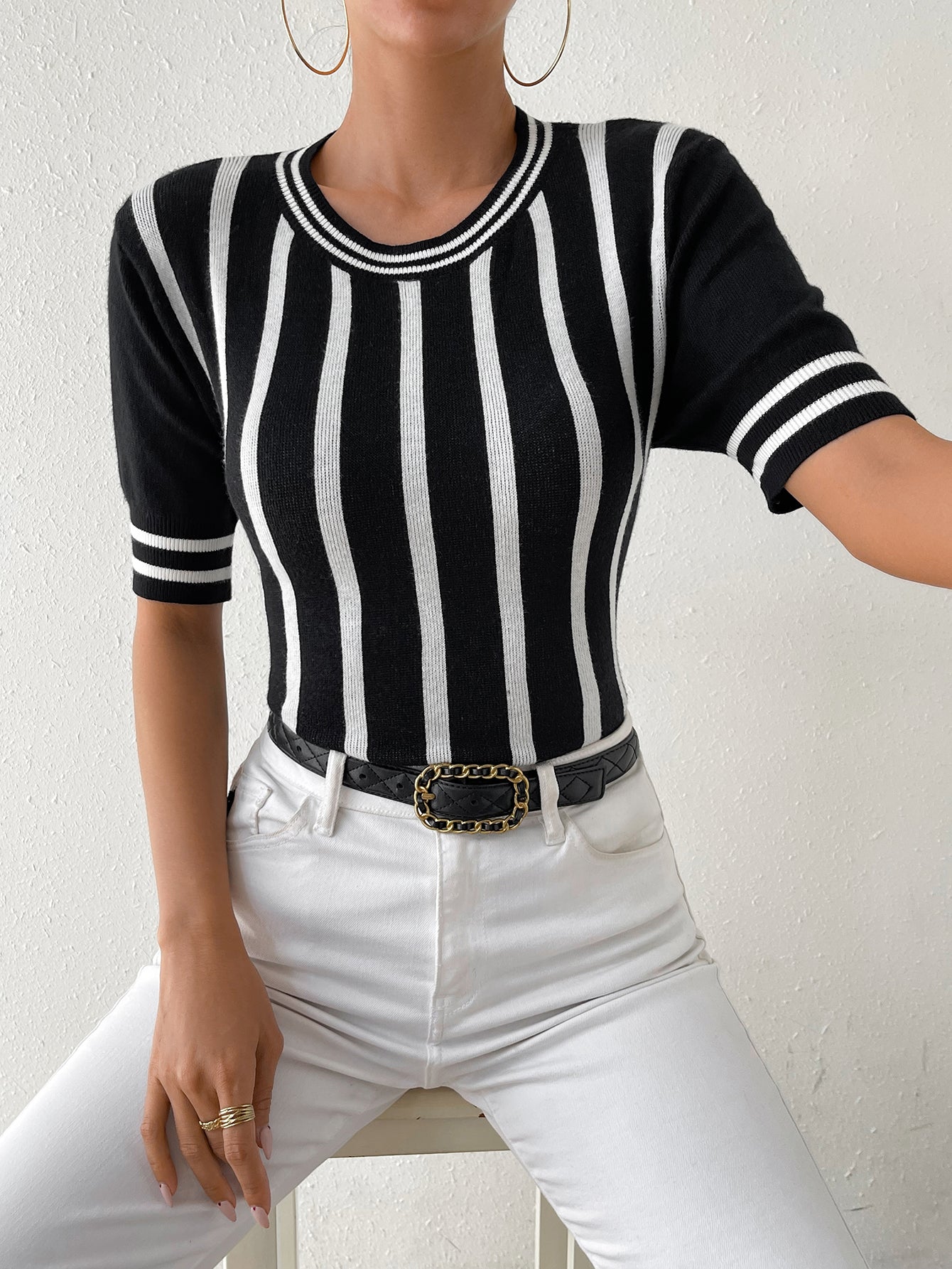 Women Striped Short Sleeve Casual knitting Top 9