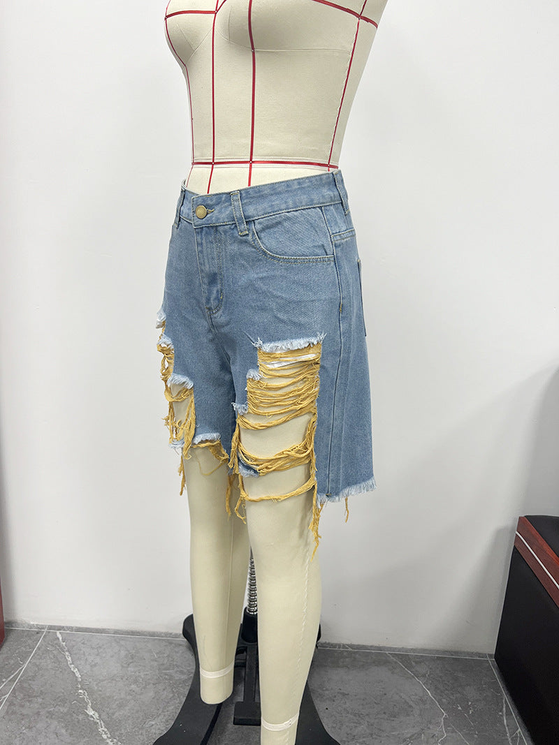 Summer Women's Denim Shorts Ripped Loose High Waist Knee-Length Shorts 29