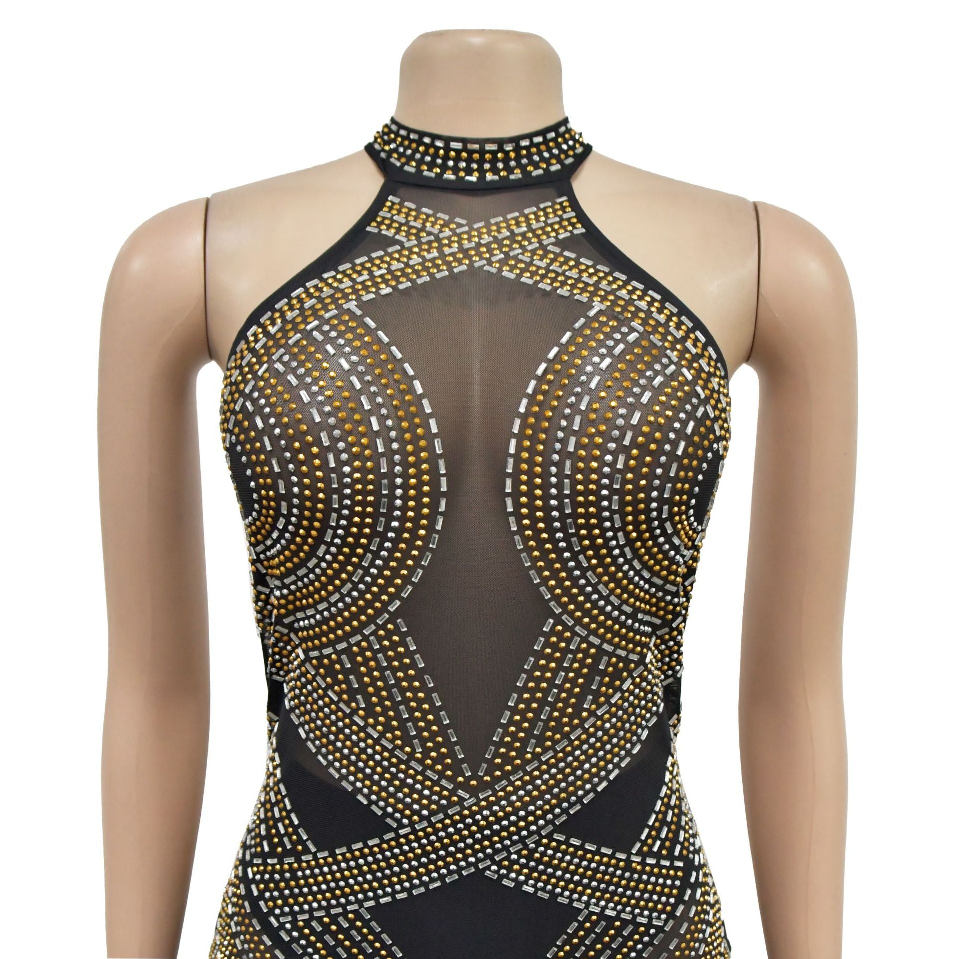 Women Solid mesh Beaded Halter Neck Long Dress 9