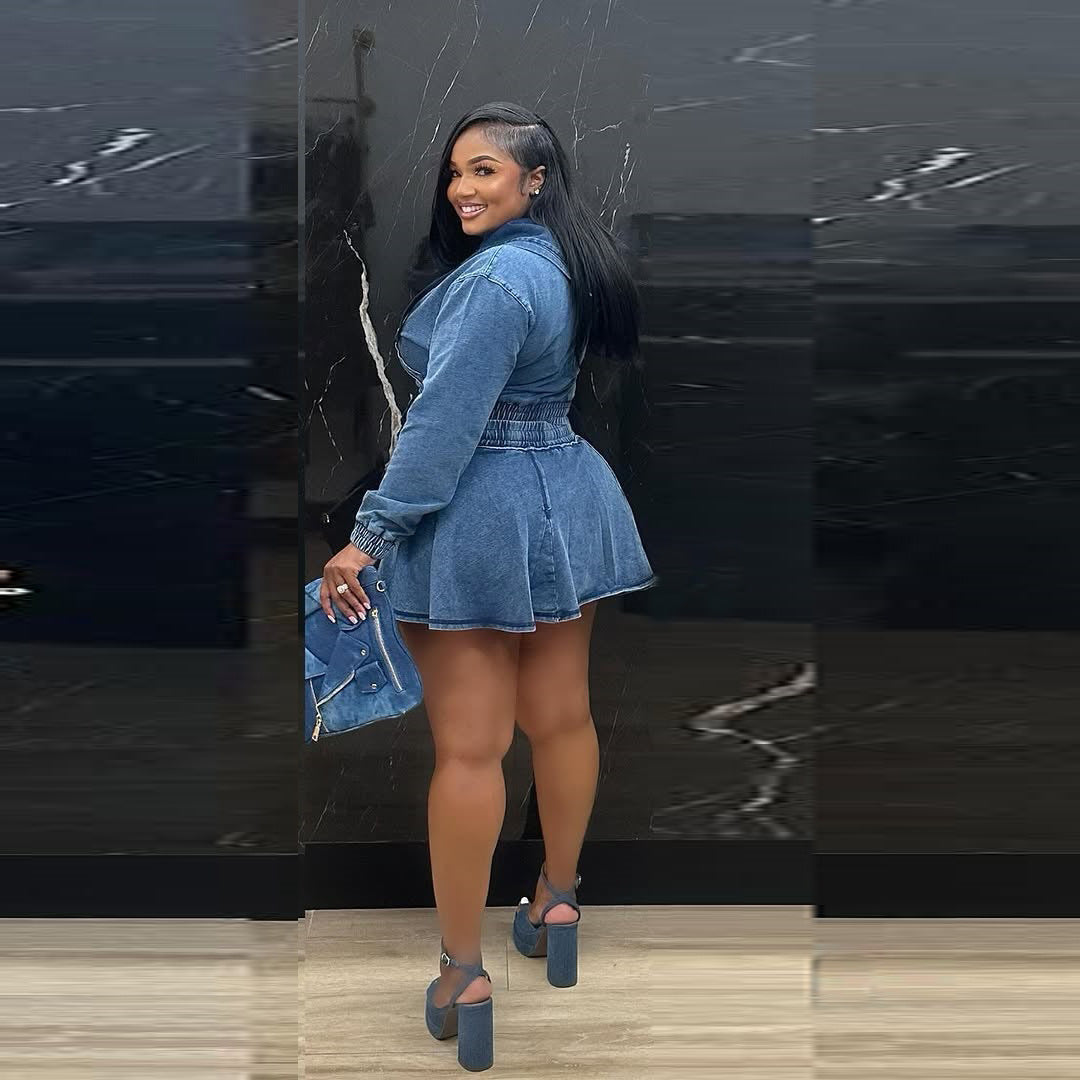 Women Casual Washed Long Sleeve Top and Denim Skirt Two-piece Set 8