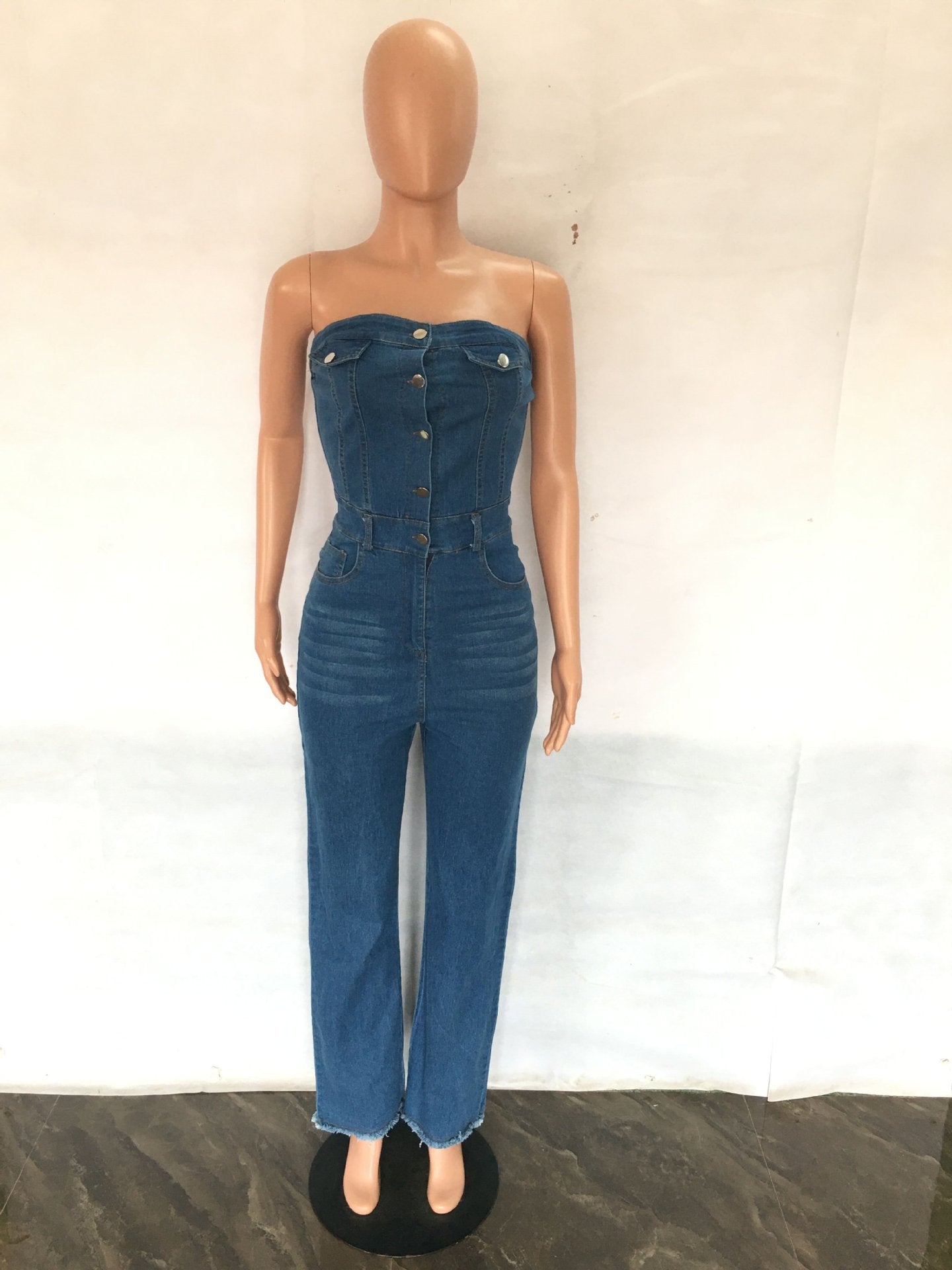Women's Strapless Slim Fit Micro Bell Bottom Denim Jumpsuit 8