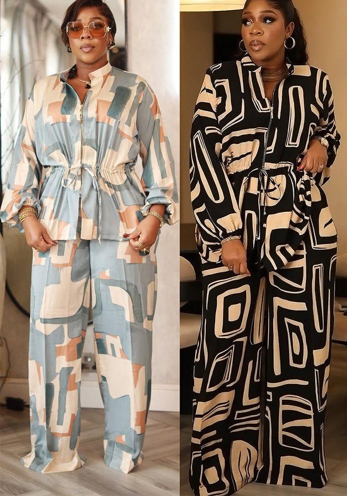 Elegant Stand Collar Print Drawstring Slim Waist Long Sleeve Two-Piece Pants Set