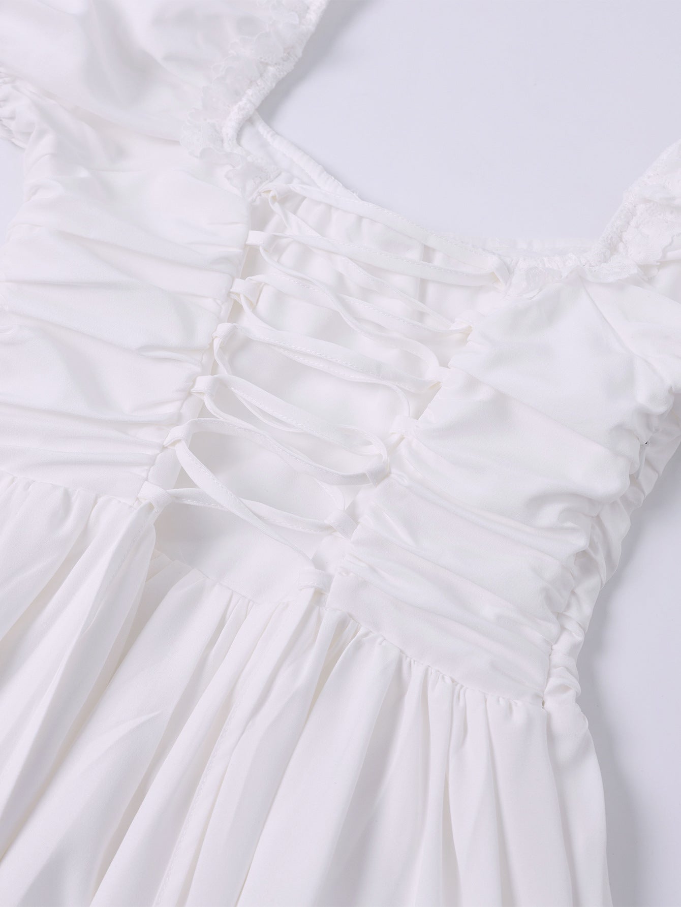 Women Summer Puff Short-Sleeved Solid Sexy Backless Lace-Up Maxi Dress 13