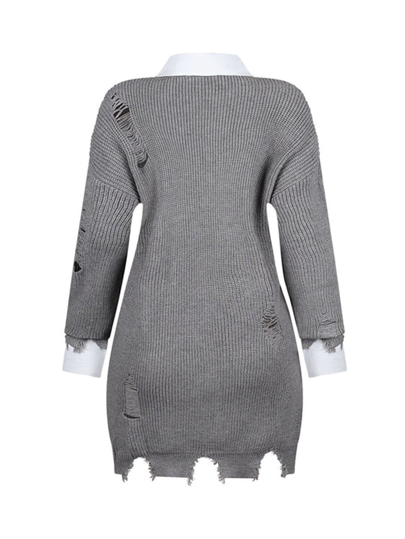 Ripped Casual Loose Solid Color Fashion Turndown-Collar Irregular Mini Dress 9