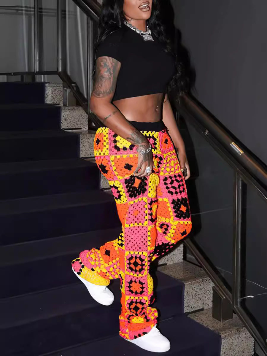 Women's Short Sleeve Round Neck Cop T-Shirt Multicolor Printed Pants Two Piece Set 5