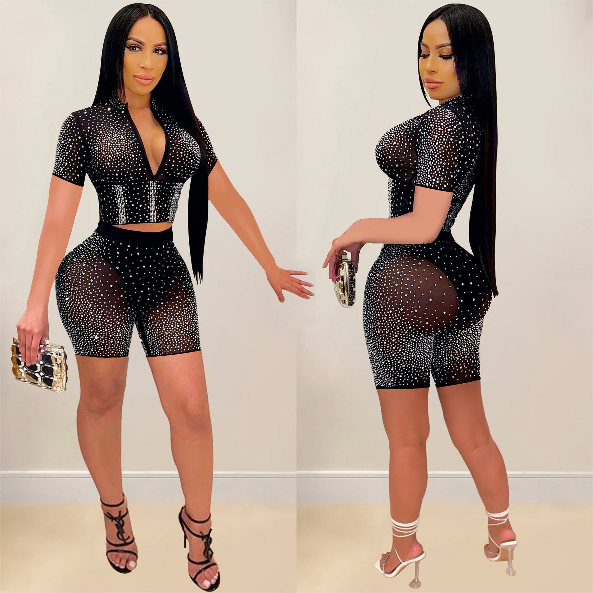 Summer Sexy Beaded Short Sleeve Crop Top and Shorts Matching Set 11