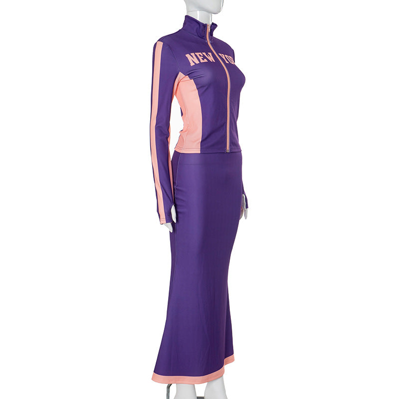 Women Letter Zipper Top and Long Skirt Two Piece Set 8