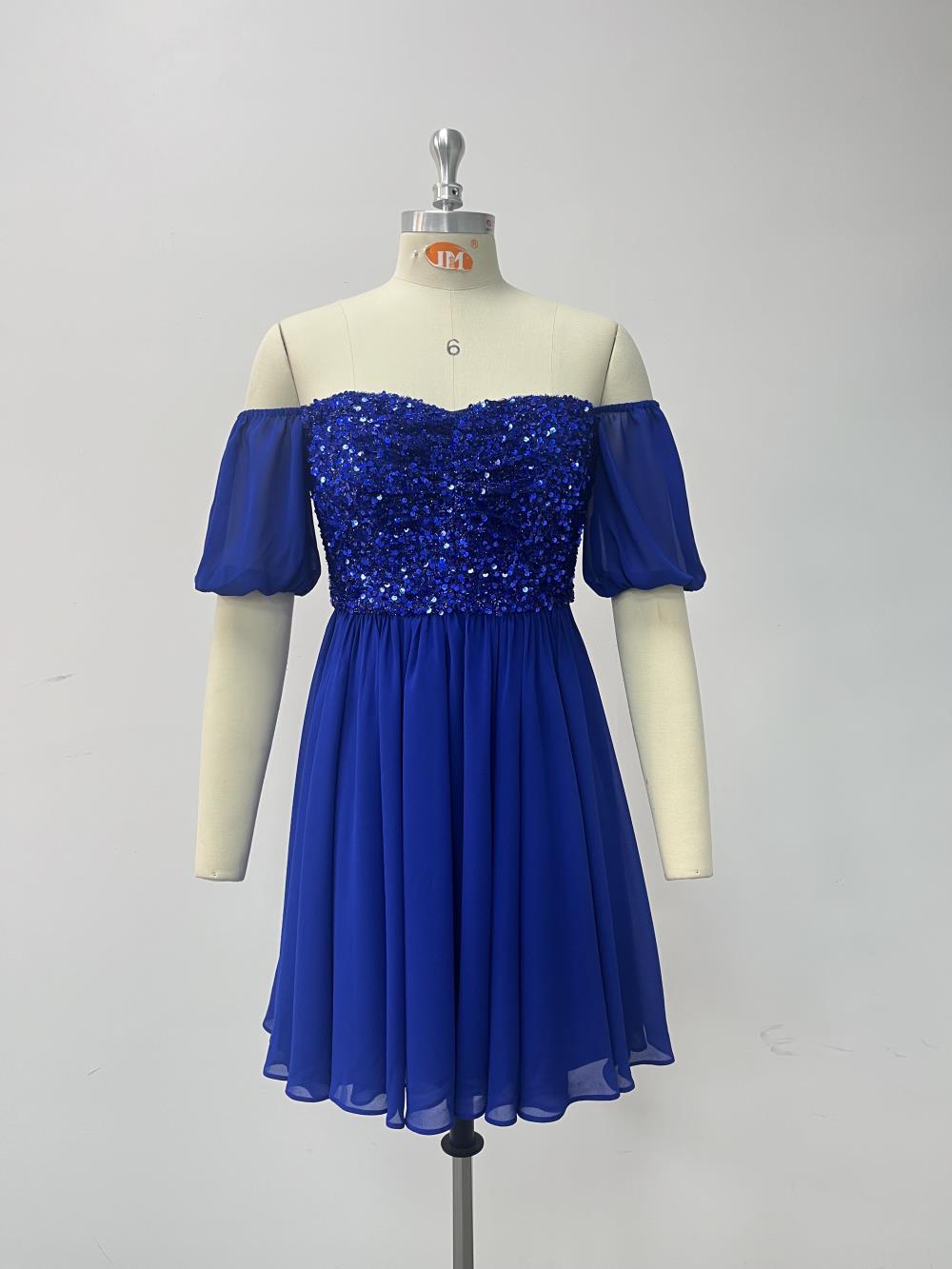 Women's Off Shoulder Low Back Chiffon Patchwork Sequin Midi Prom Dress 8