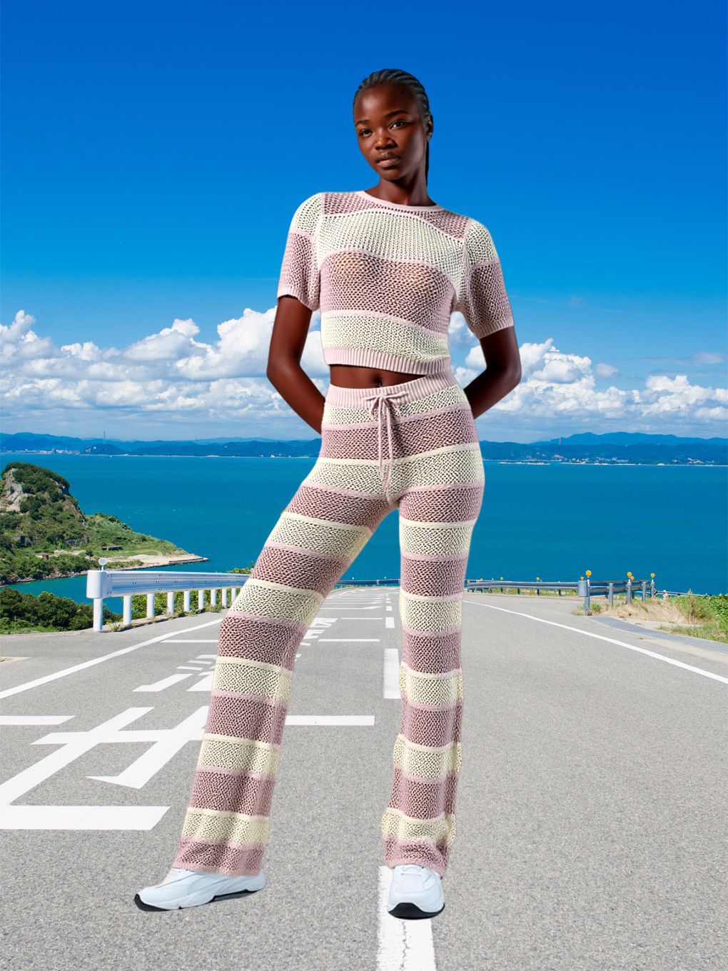 Women's Fashion Knit Cut-Out Short-Sleeve Pants Set Beach Outfit 9