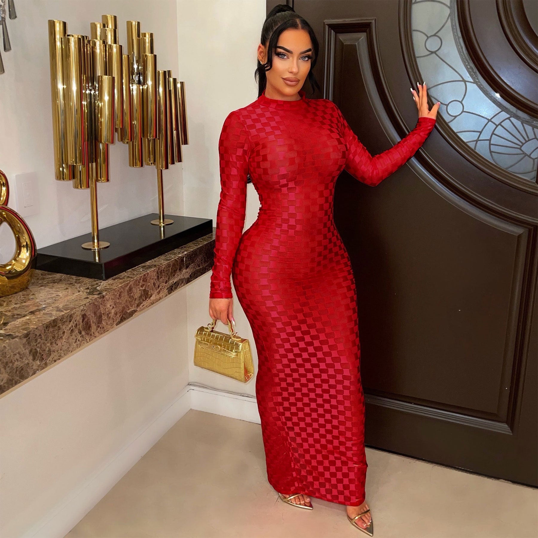 Women's Fashion Mesh Round Neck Slim Fit Long Dress 13