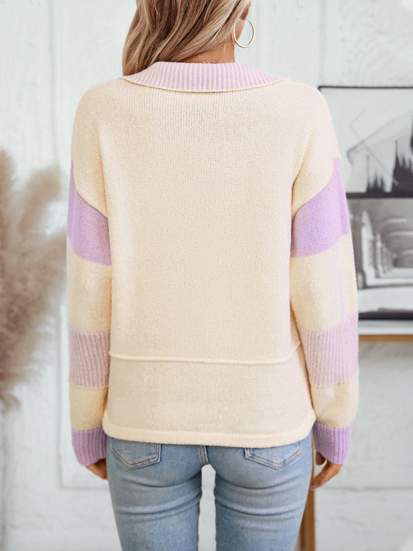 Women's Striped Turndown Collar Sweater Autumn And Winter Fashion Loose Long Sleeve Knitting Shirt