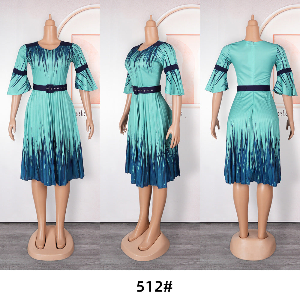 Plus Size African Dress Women High Waist Fashion Round Neck Printed Pleated Dress 14