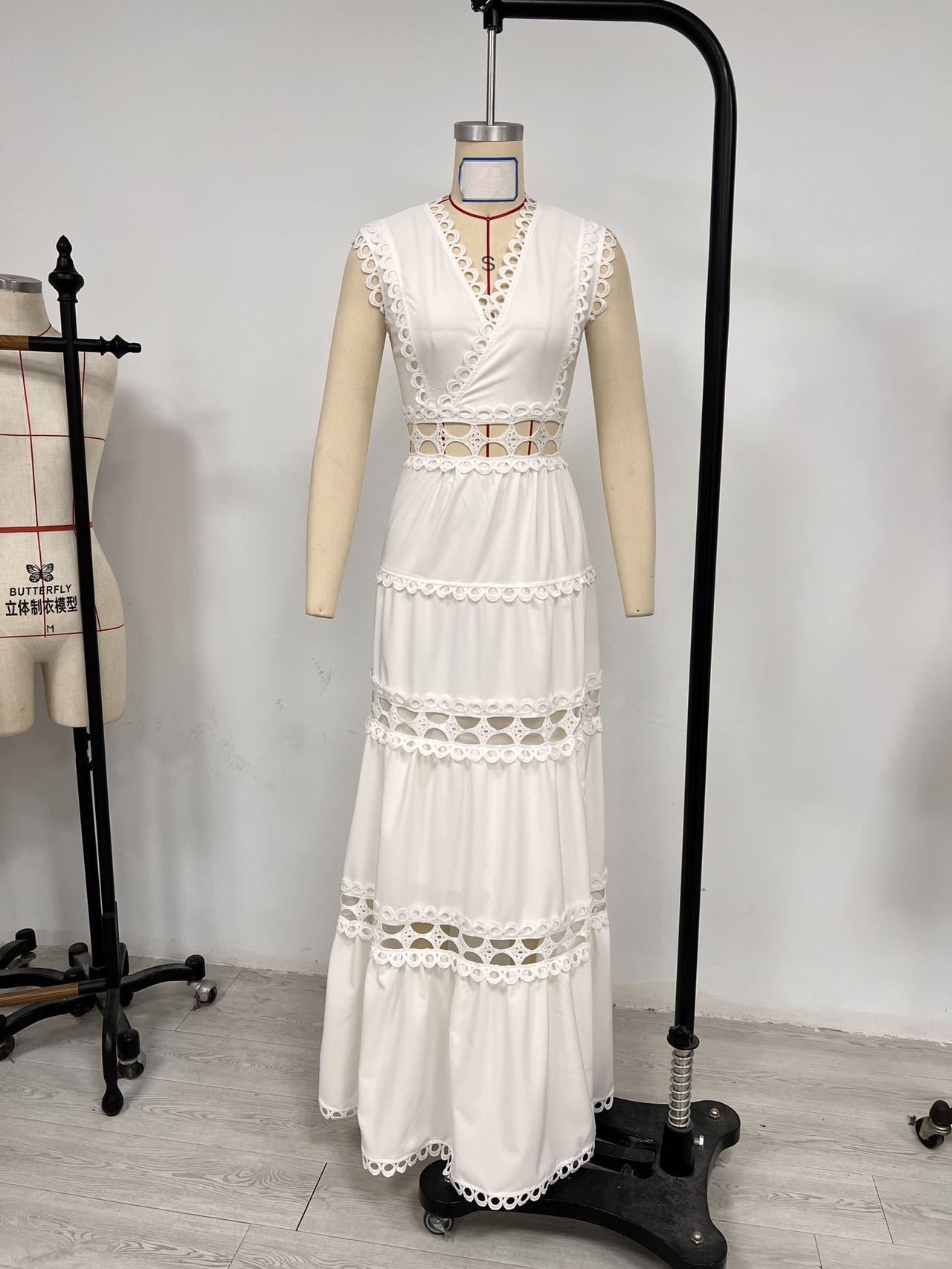 Hollow Embroidery V-Neck Long Sleeveless Casual Long Dress 10