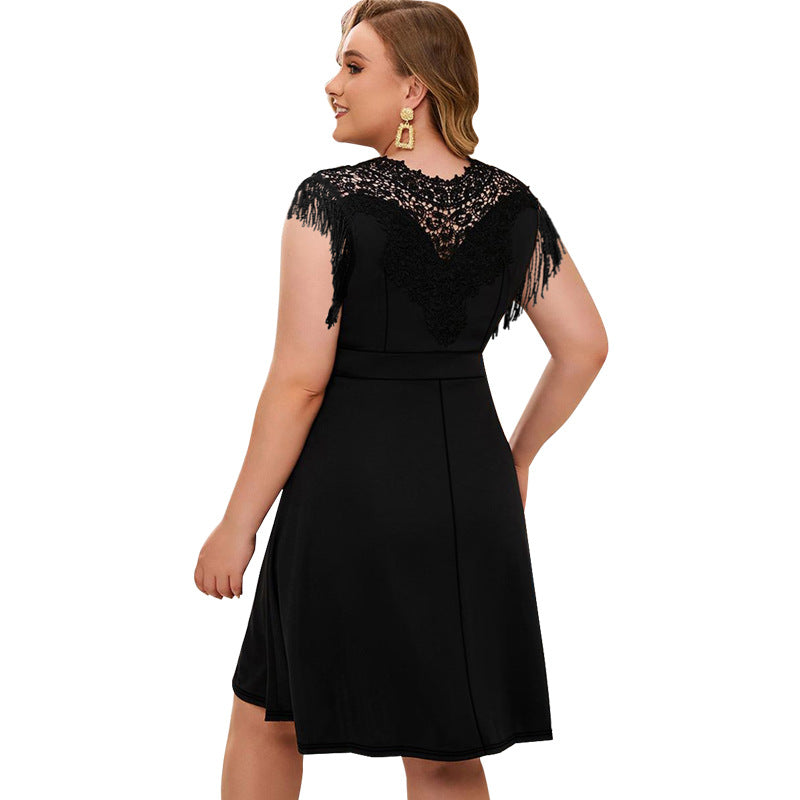 Plus Size Women Lace Round Neck Tassel Elegant Dress 4