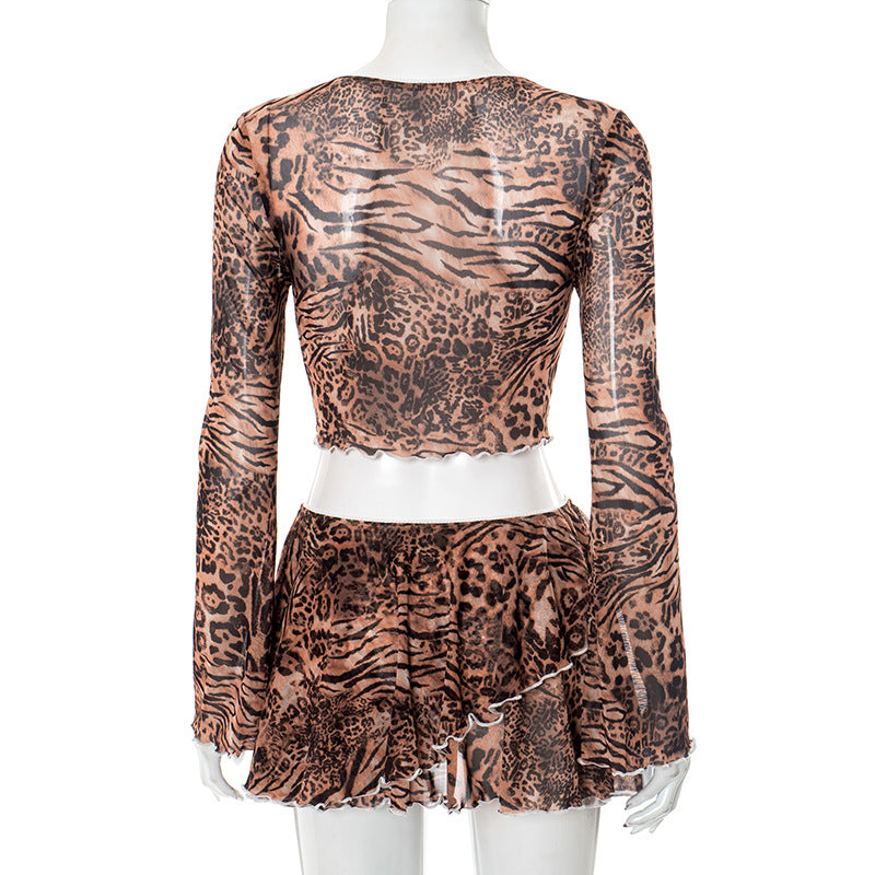 Women Sexy Leopard Bow Bell Bottom Ruffle Edge Long Sleeve Top and Pleated Skit Two-piece Set 6