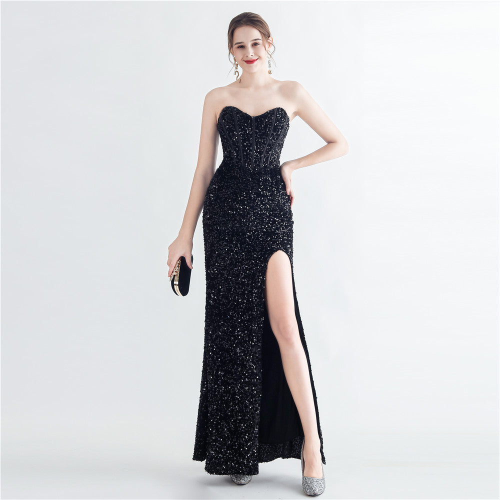 Sexy Sequins Side Slit Strapless Elegant Herringbone Evening Gown 4