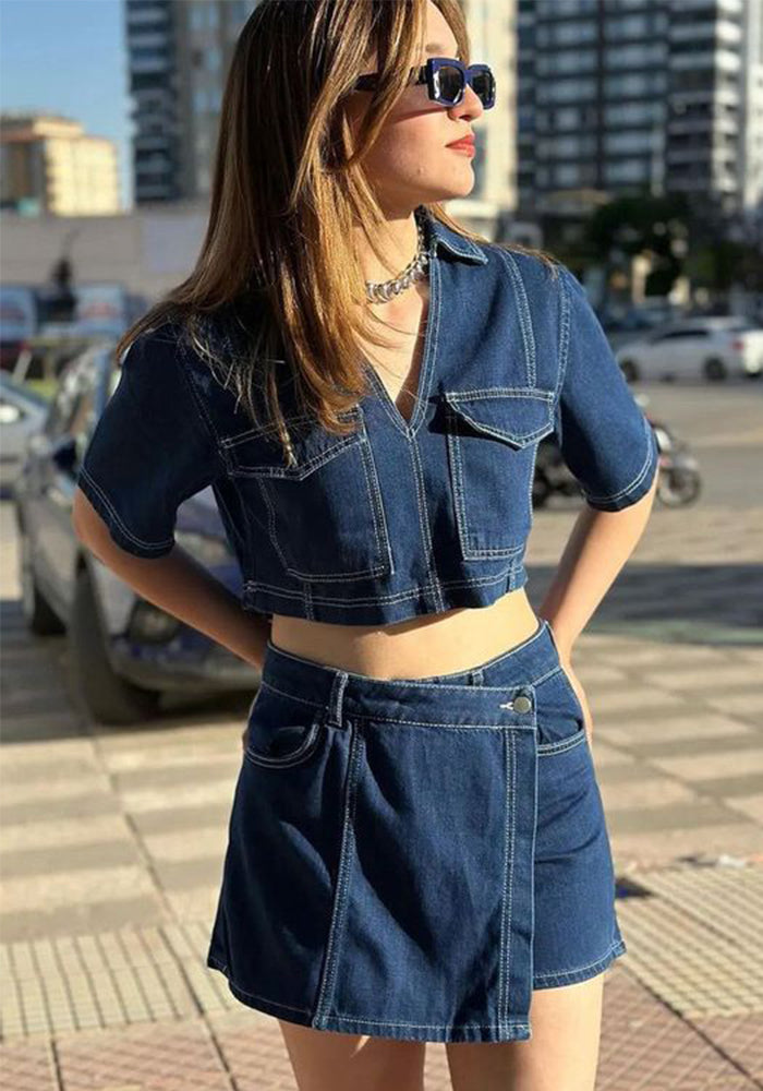 Summer V-Neck Top & High-Waist Denim Skort Set