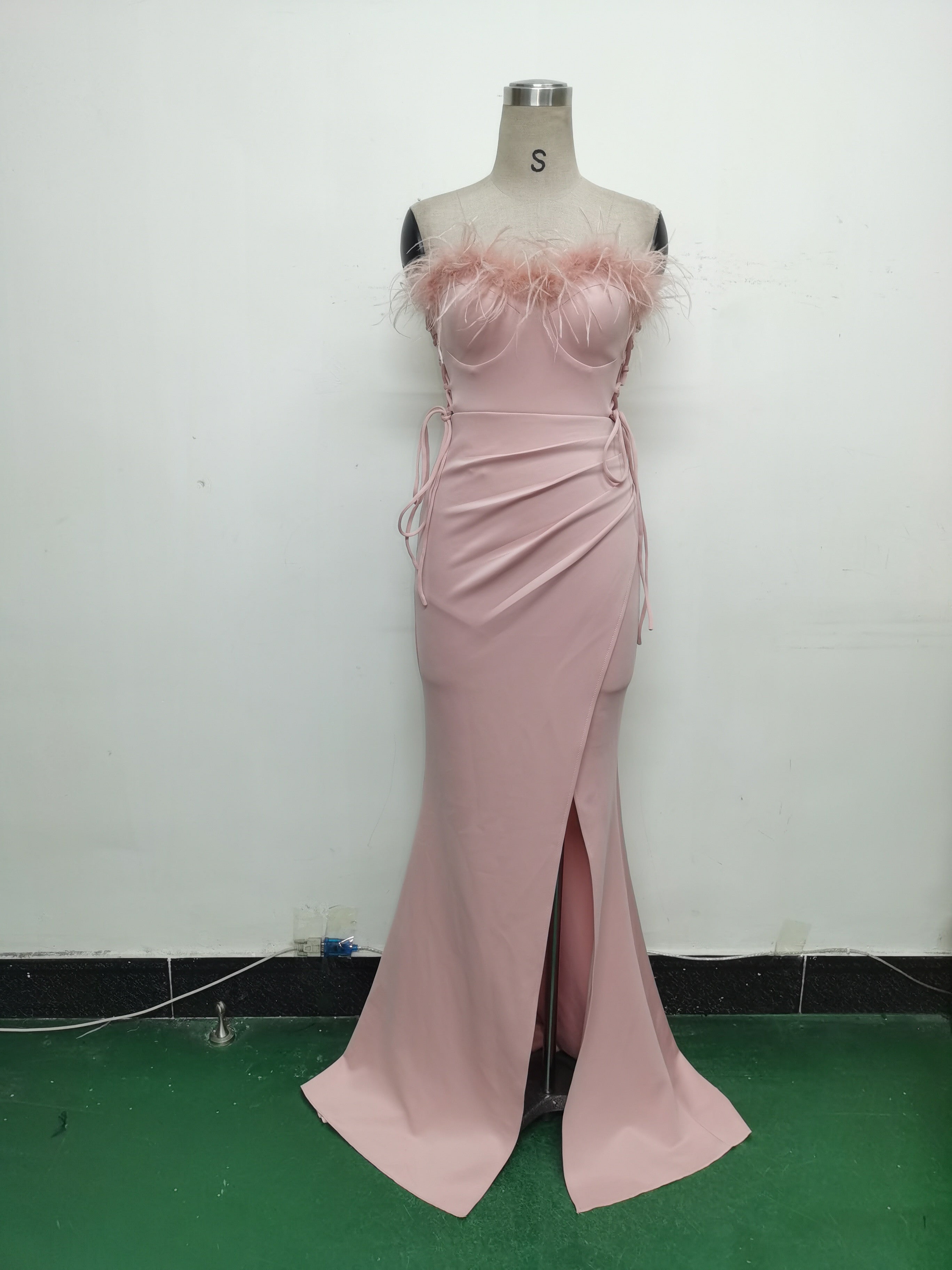 Feather Strap Slim Waist Solid Color Slit Evening Dress 15