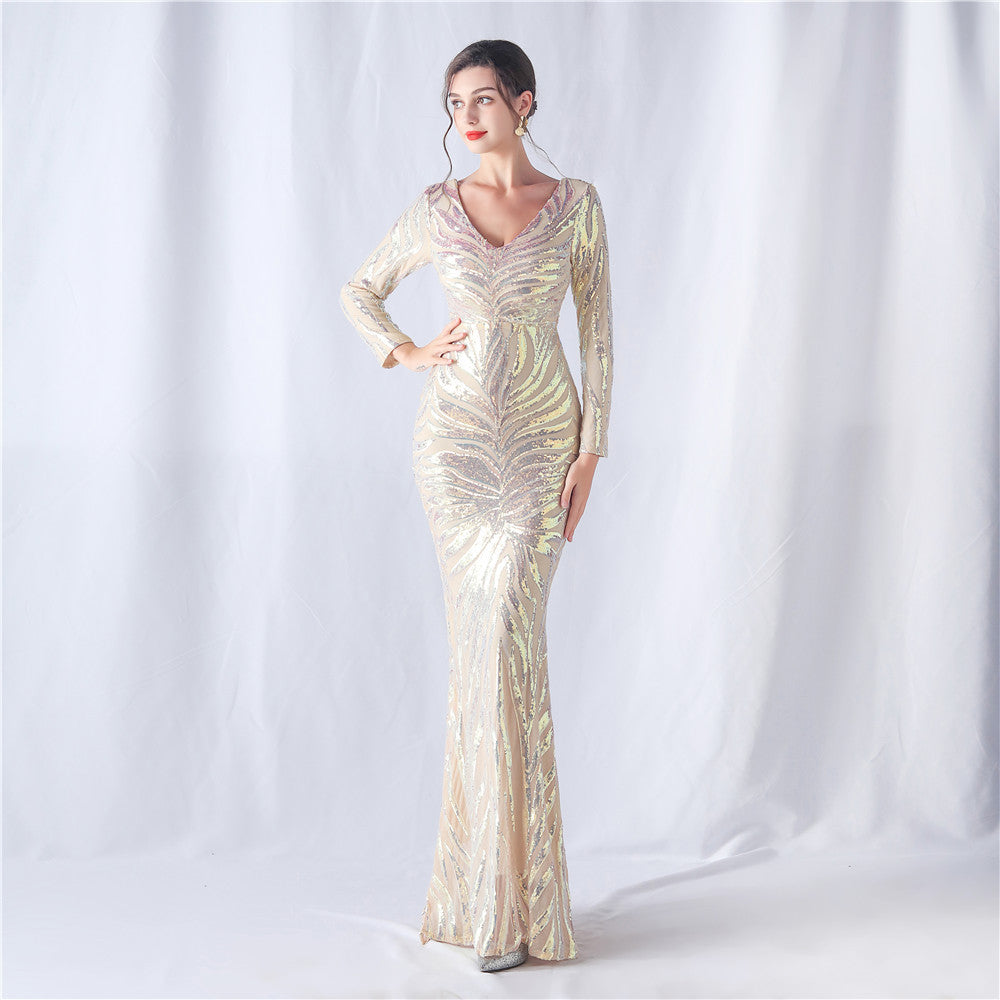 Women colorful sequined long-sleeved evening dress 14
