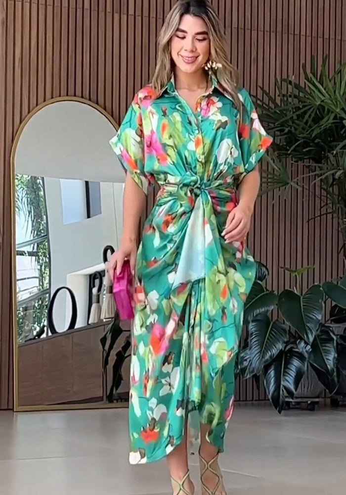 Women Loose Printed Strappy Irregular Button Shirt Casual Dress