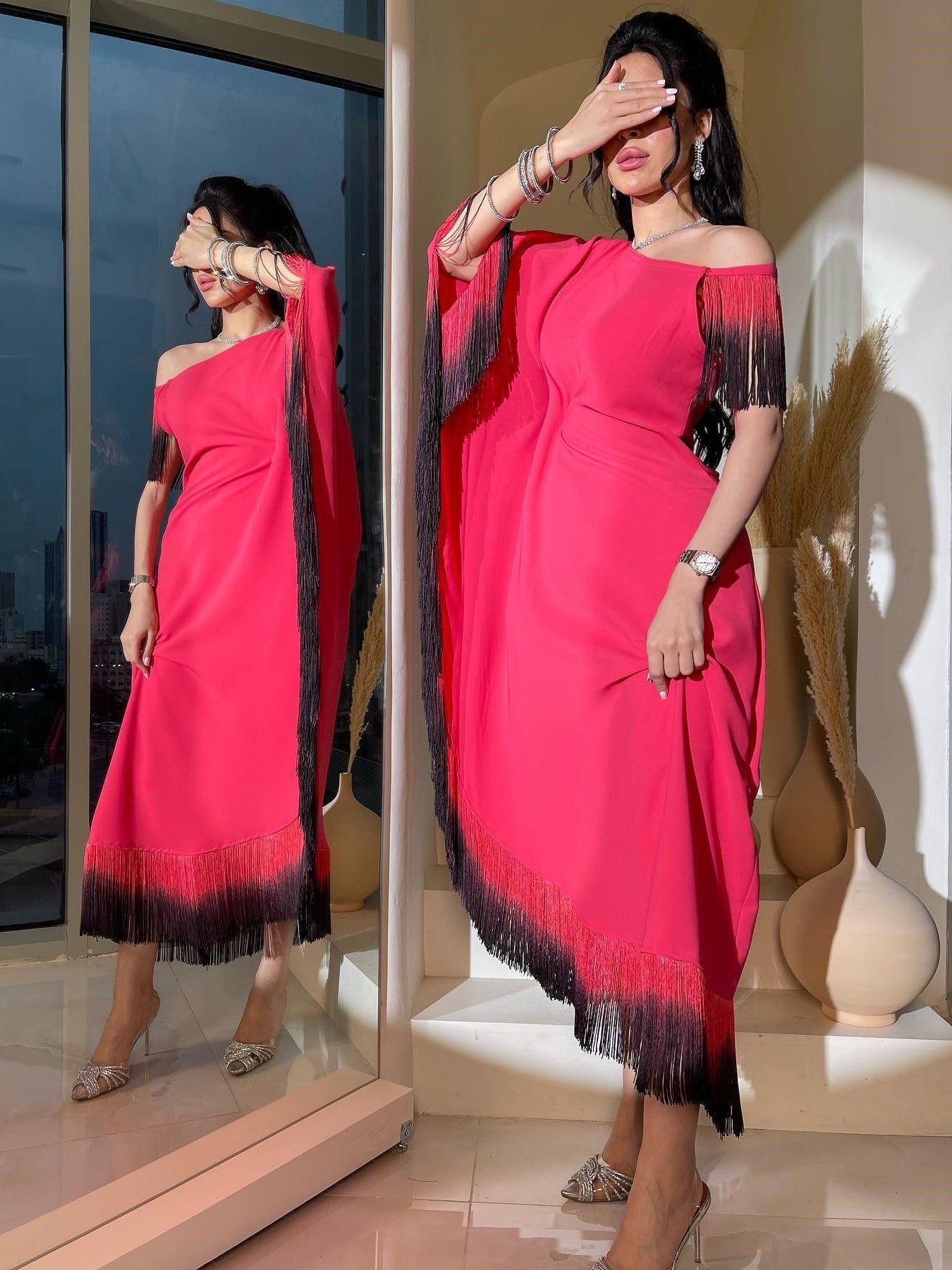 Women Tassel Slash Shoulder Irregular Dress 9