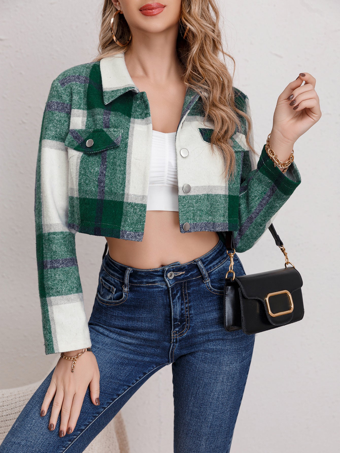 Spring Summer Women's Casual Single-Breasted Turndown Collar Plaid Long Sleeve Jacket 7