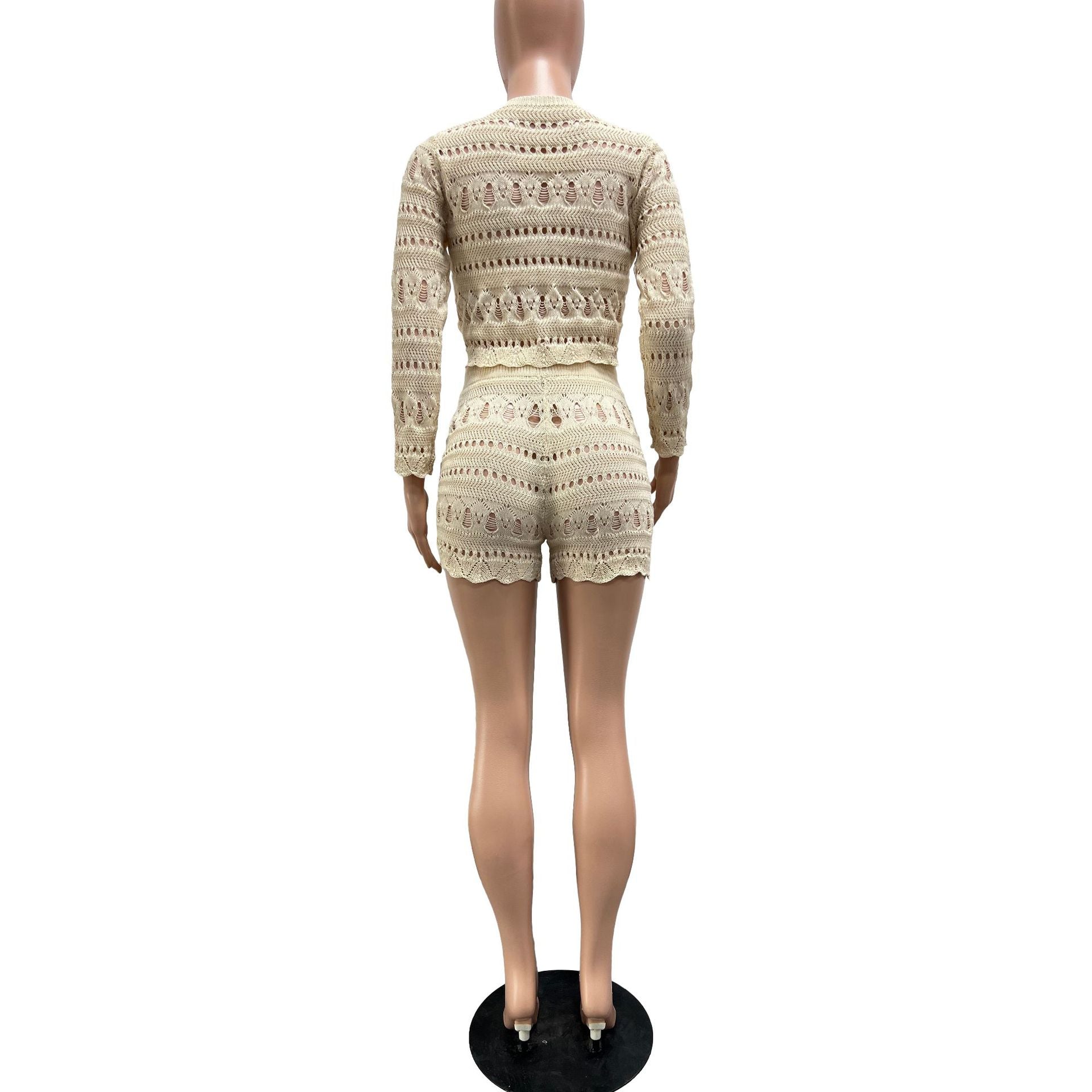 Women's Casual Fashion Round-Neck Crochet Hollow Long Sleeve Knitting Two Piece Shorts Set 13