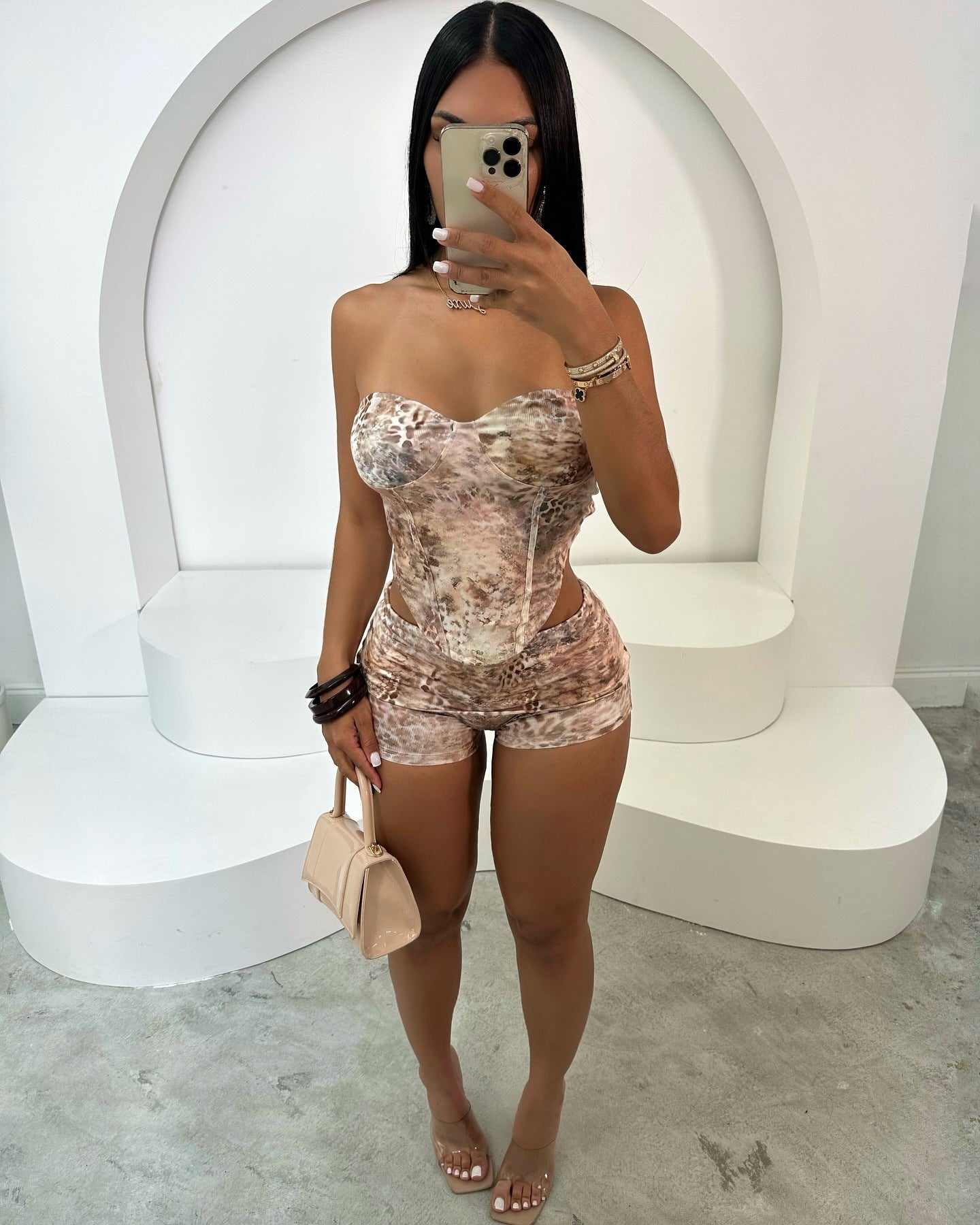 Women Sexy Leopard Print Irregular Strapless Vest Shorts Two-Piece Set