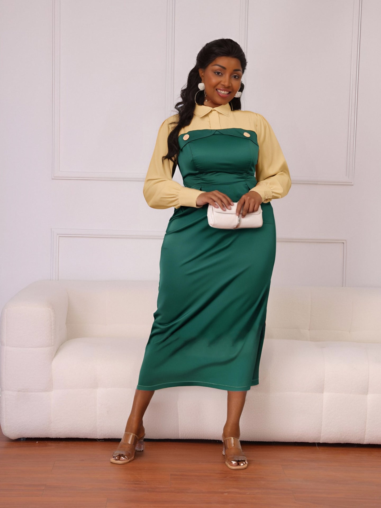 Plus Size Women Elegant Patchwork Contrast Button Bodycon Dress 3