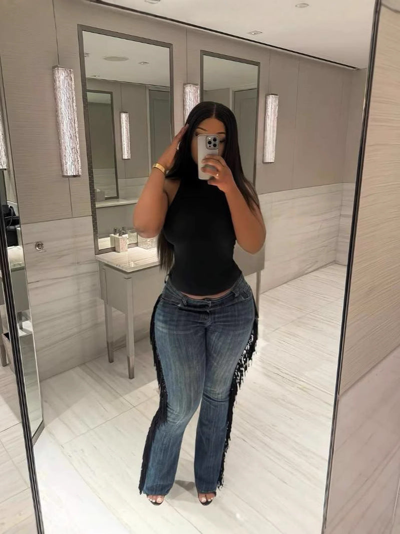 Women's Fashion Fringe High Waist Straight Denim Pants 3
