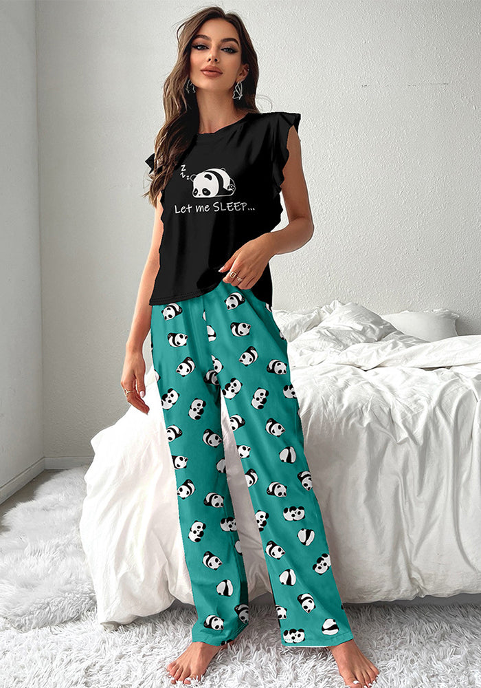 Summer Panda Print Flying Sleeve Pajamas Set Women's Home Clothes