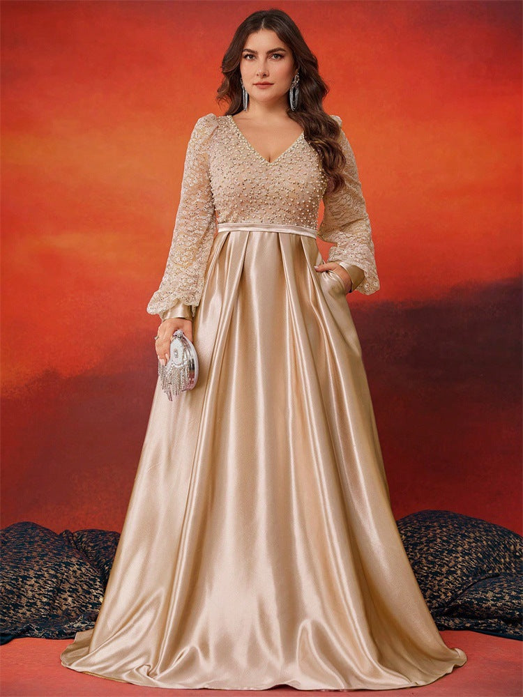 Plus Size Women Sequin Contrast Color Satin Long Sleeve V Neck Elegant Dinner Ball Evening Dress 9
