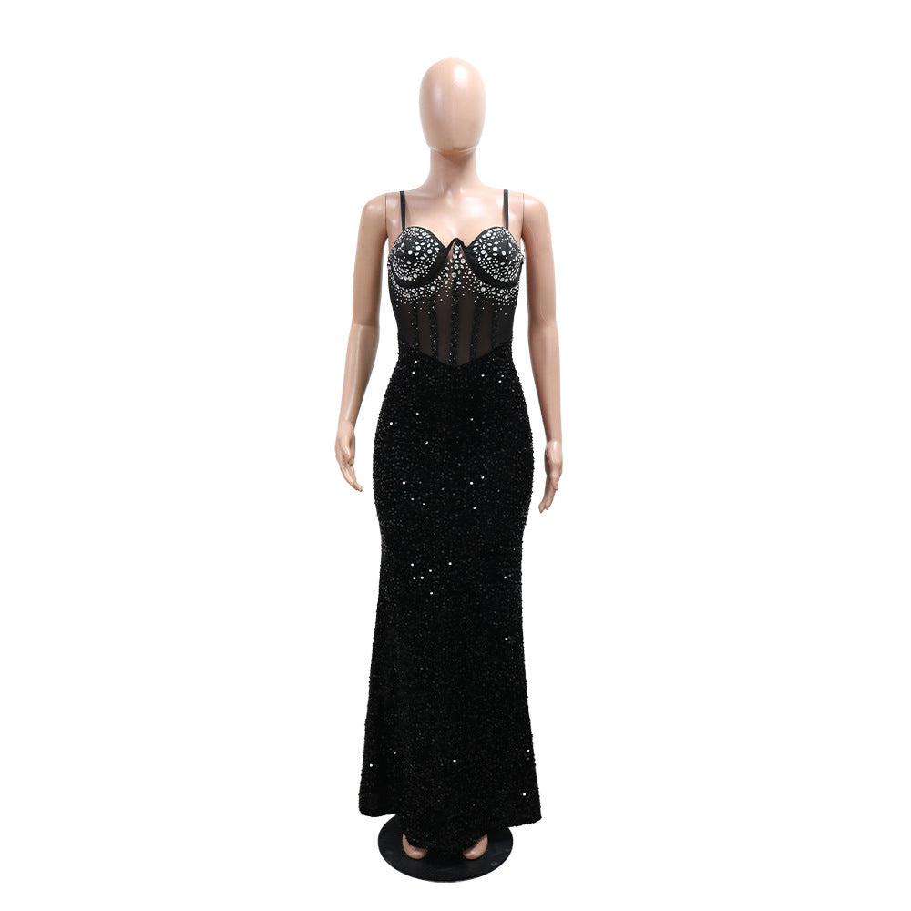 Women Velvet Sequin Beaded Strap Long Party Dress Dress 11