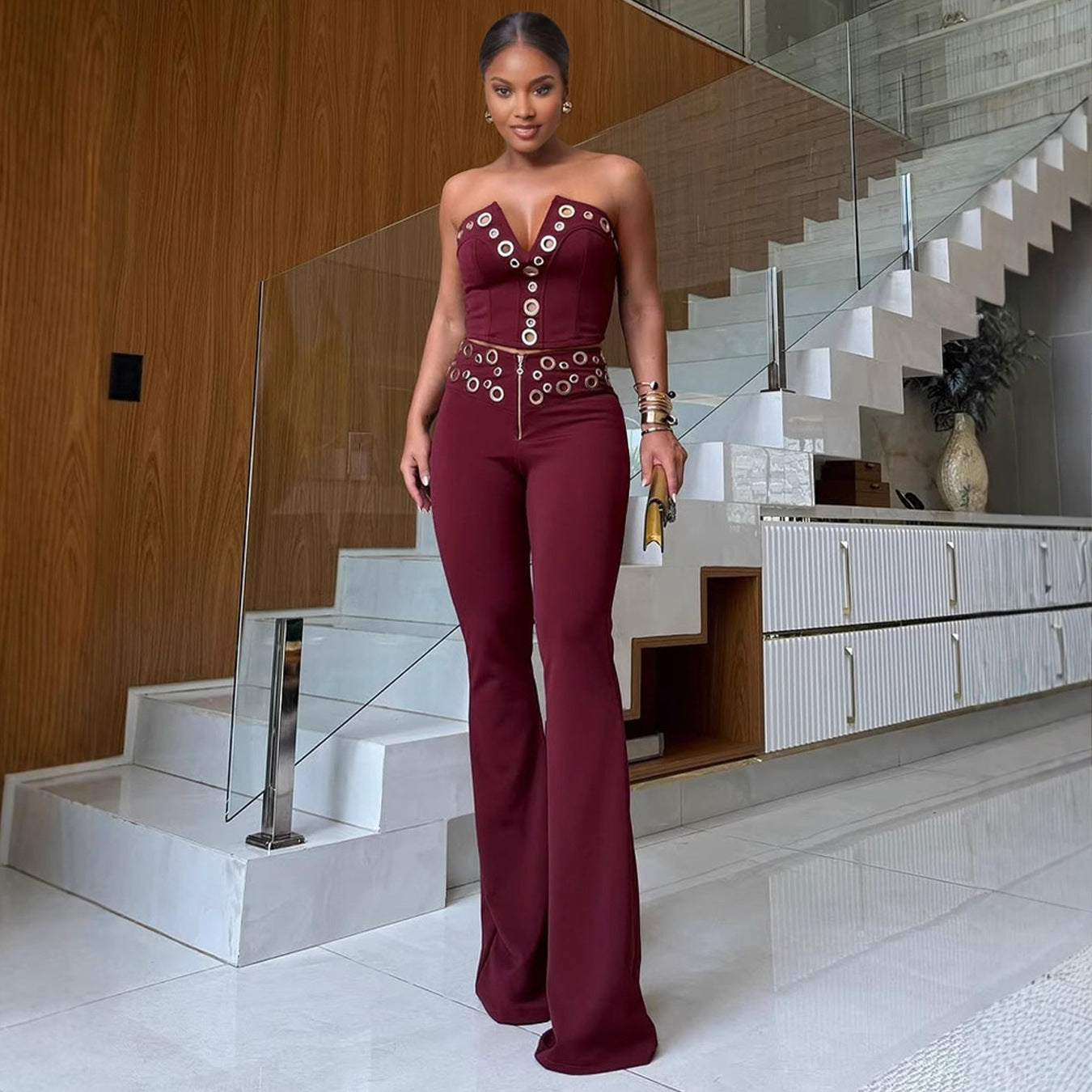 Women elegant elastic metal buckle decorated V-neck Top and Pants two-piece set 7