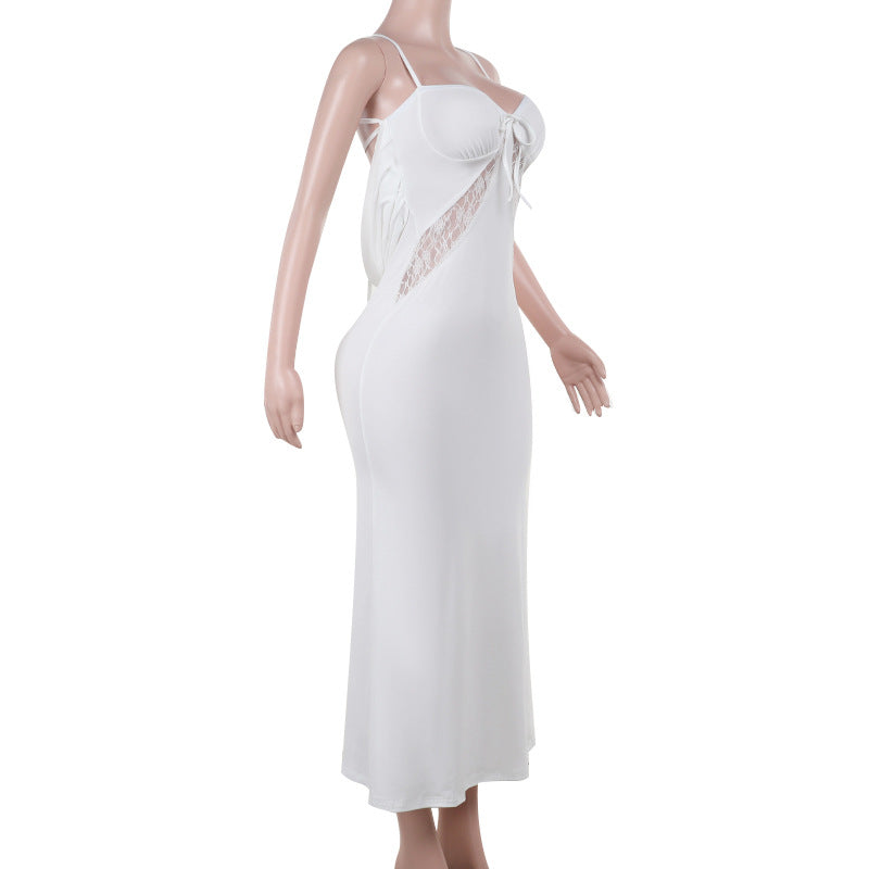 Women Lace Patchwork Lace-Up Strapless Dress 7