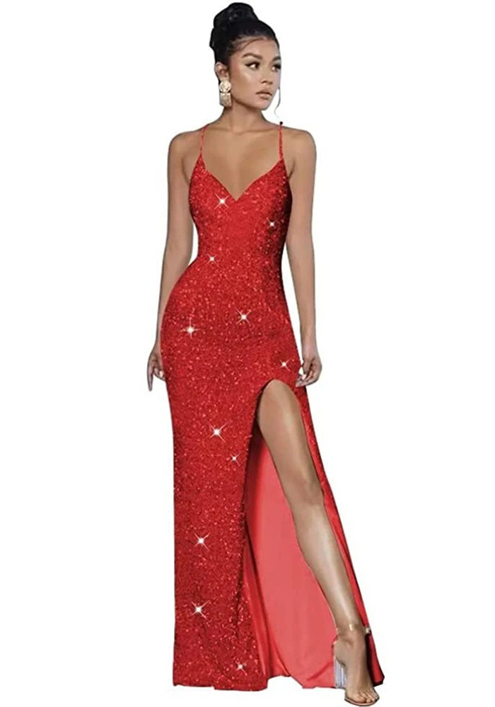 Sleeveless Backless Strap Red Deep V-Neck Sequin Dress（Processing time need 3-6 days）