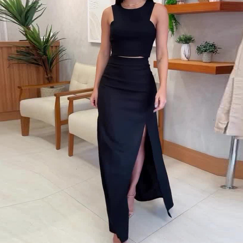 Summer Solid Color Round Neck Sleeveless Top High Waist Slit Skirt Set 6