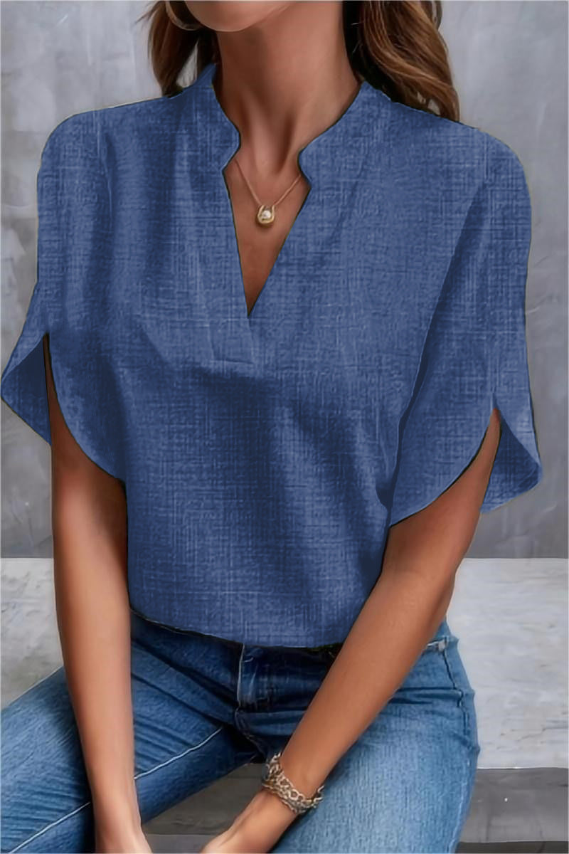 Women Summer Solid V-Neck Off-Shoulder Loose Shirt 5