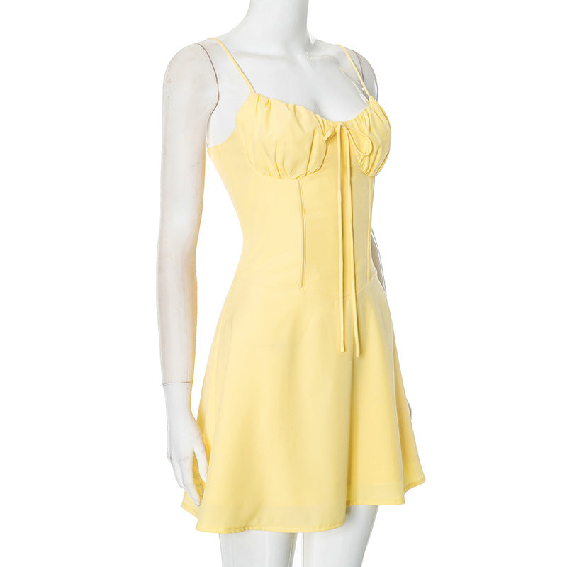 Women Lace Gathered Suspender Lace-Up Dress 8