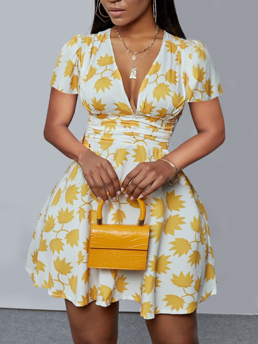 Deep V Neck Slim Waist Pleated Dress 3