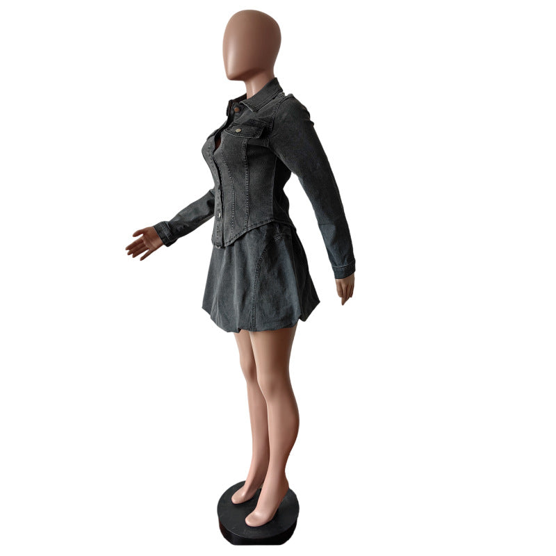 Slim Shirt Stretch Denim Skirt Women's Two Piece Set 6