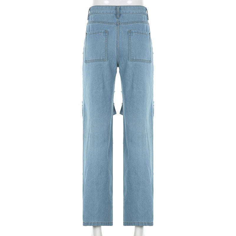 Street Ripped Pocket Patchwork Denim Straight-Leg Pants 9