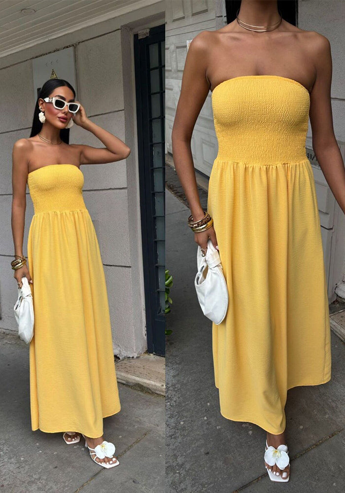 Women's Summer Solid Color Sexy Strapless Slim Waist Casual Dress