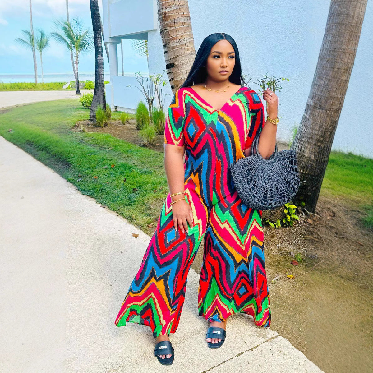 Women summer Casual Holidays contrast color printed V-neck wide-leg Jumpsuit