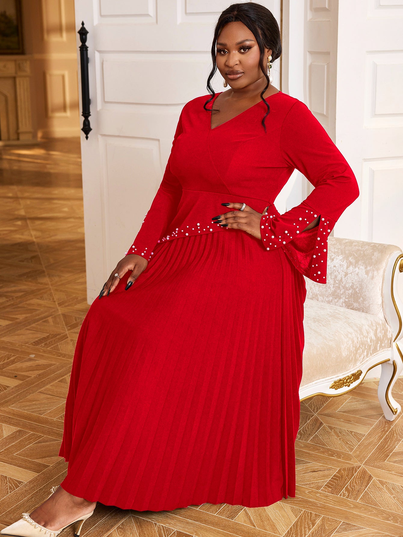 V-neck pleated Bell Bottom sleeve dress Career Formal Party pleated Dresses 9