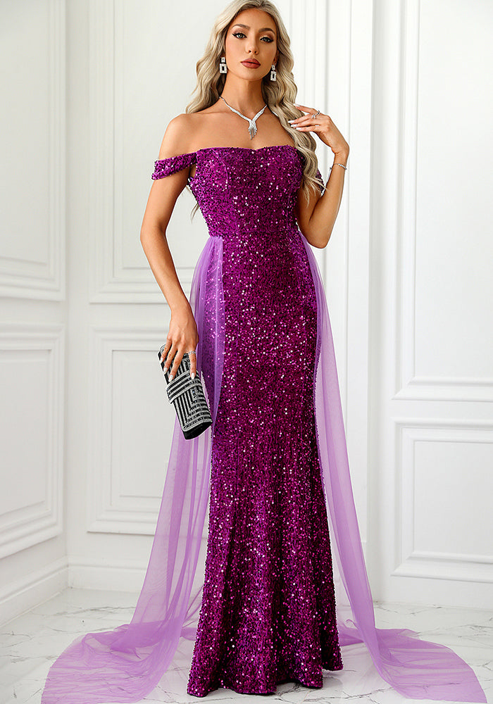 Women Off Shoulder Backless mesh Maxi Evening Dress