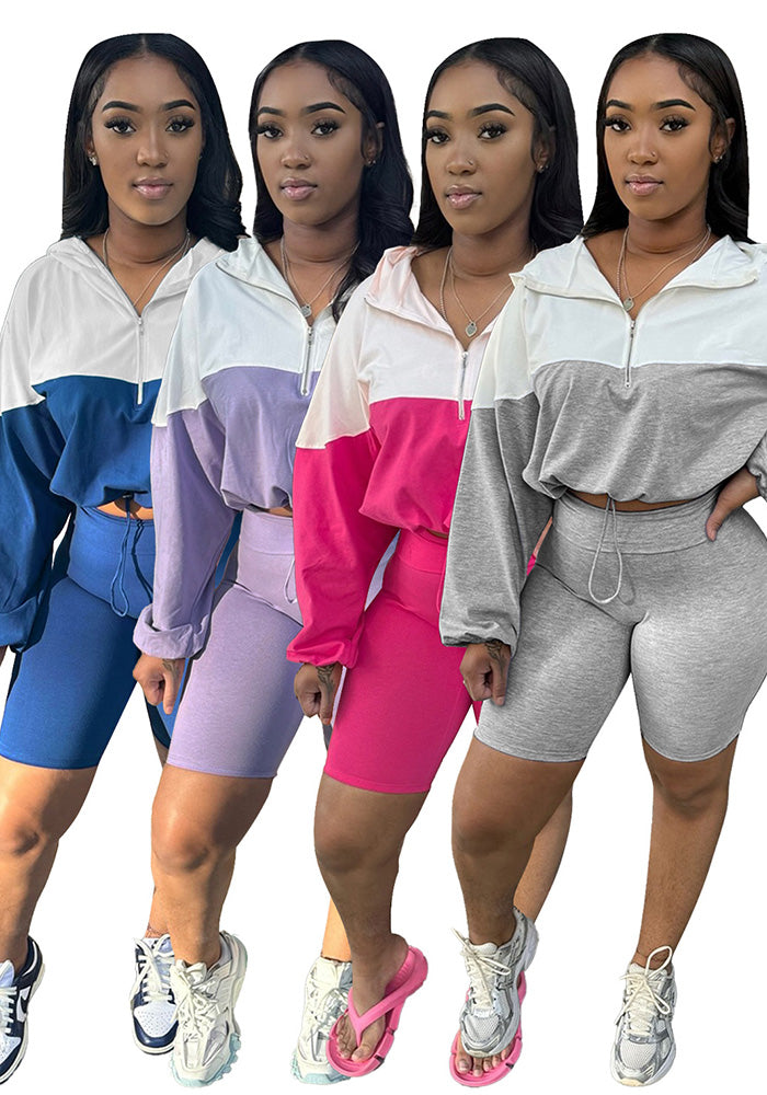 Women's Elastic Slim Waist Contrast Long Sleeve Sports Casual Two Piece Shorts Set