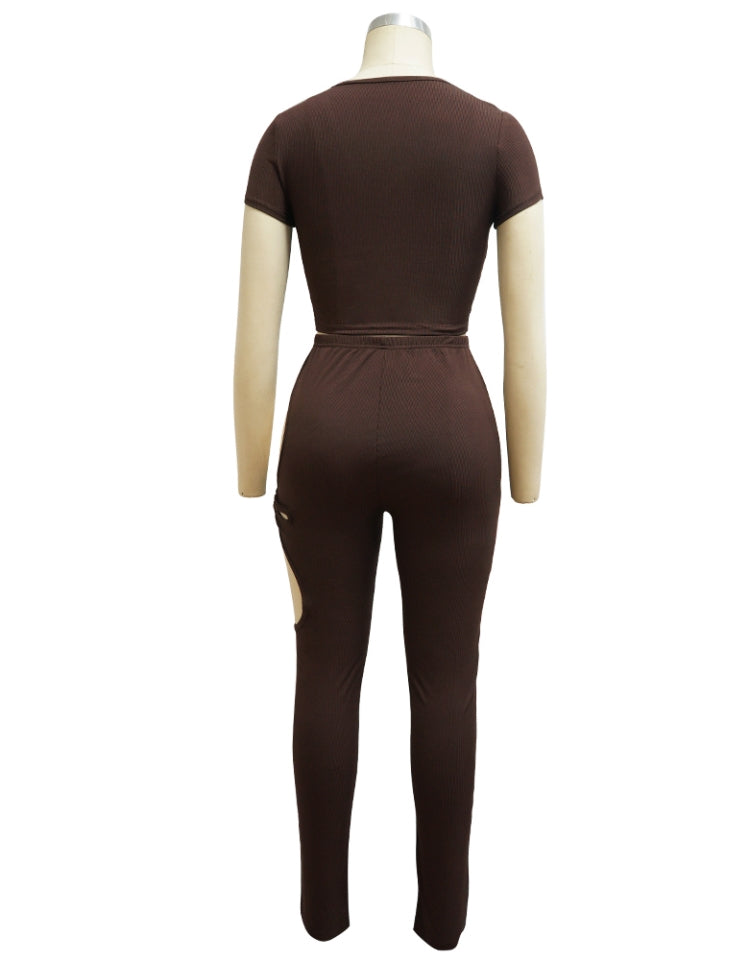 Women Summer Brown Sexy V-neck Short Sleeves High Waist Solid Hollow Out Skinny Two Piece Pants Set 5