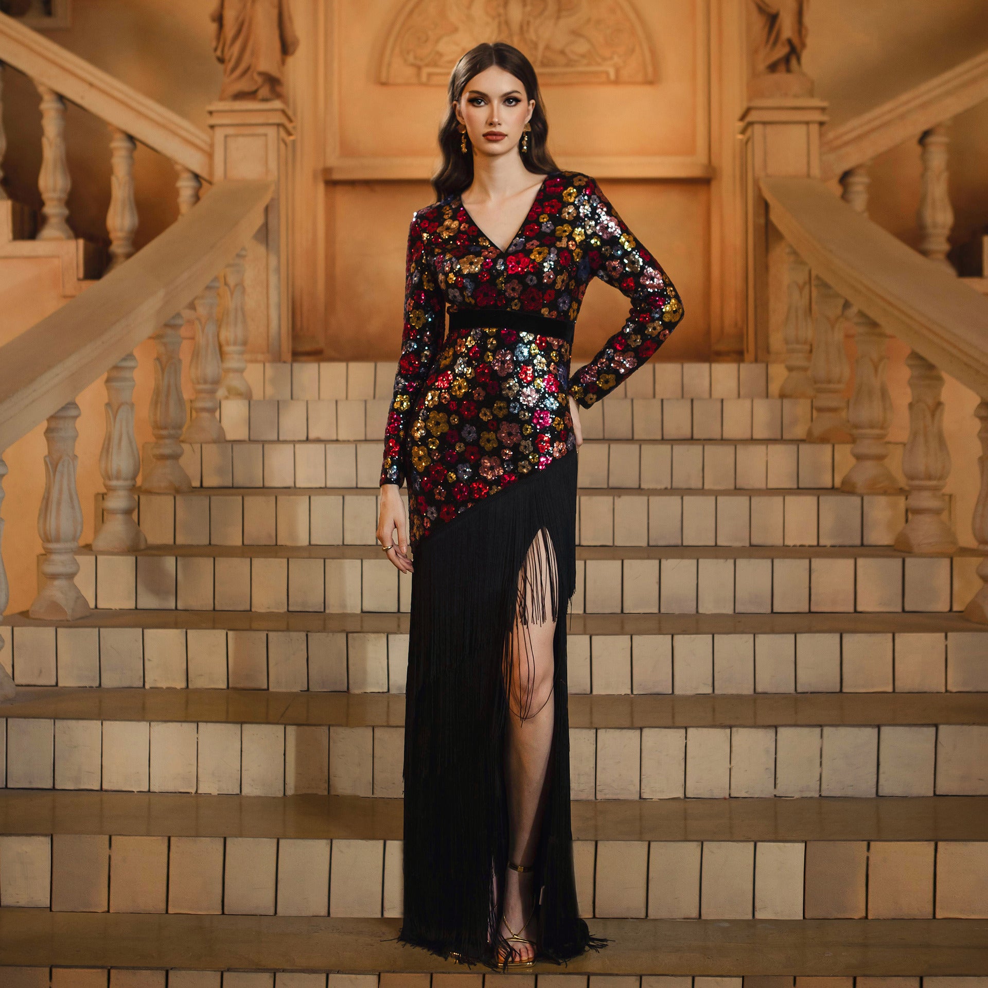 Women long-sleeved v-neck tassel sequins Formal Party fishtail evening dress